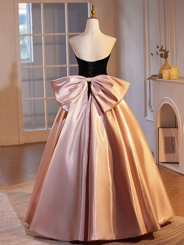 Black Velvet and Pink Satin Floor Length Prom Dress, Beautiful A-Line Strapless Party Dress