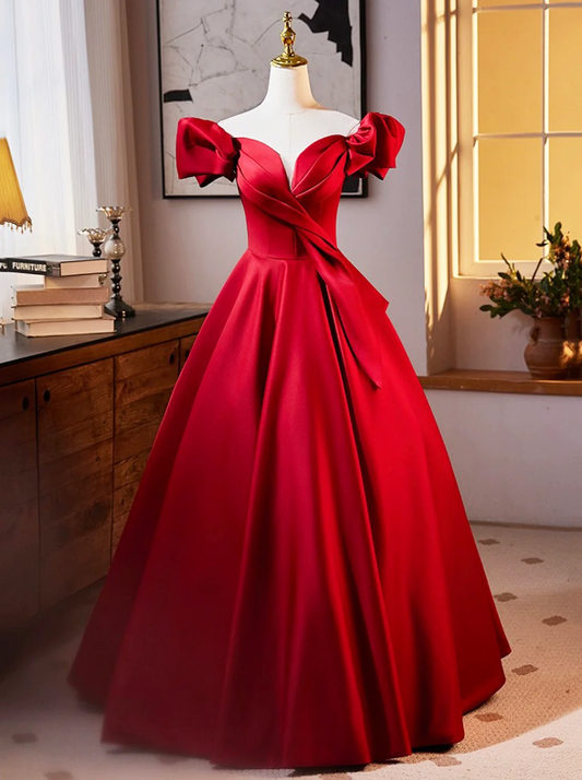 Dark Red Satin Long Prom Dress, Off the Shoulder A-Line Formal Evening Dress