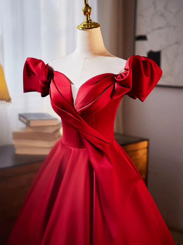 Dark Red Satin Long Prom Dress, Off the Shoulder A-Line Formal Evening Dress