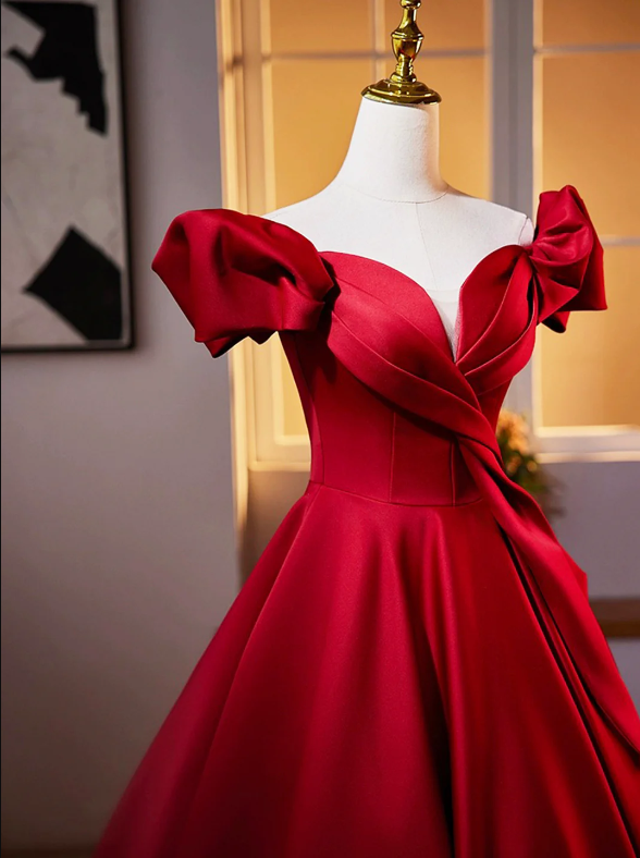 Dark Red Satin Long Prom Dress, Off the Shoulder A-Line Formal Evening Dress