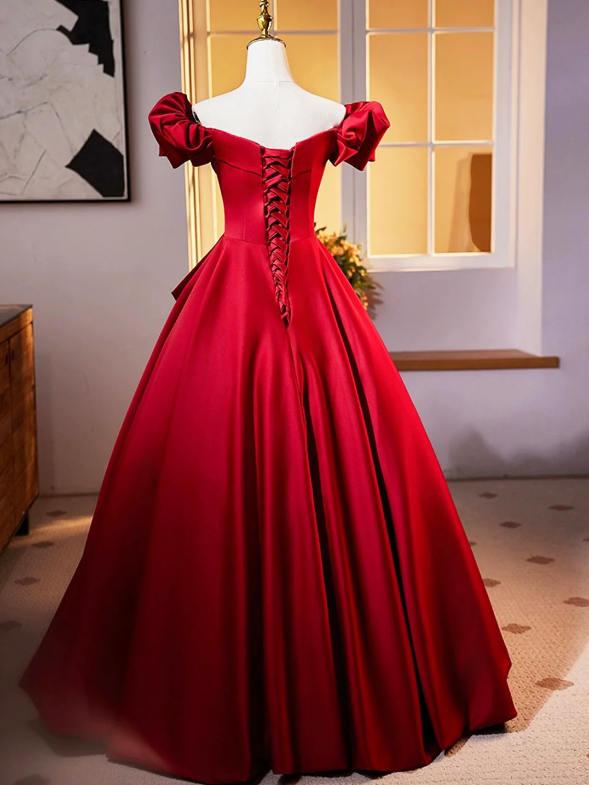 Dark Red Satin Long Prom Dress, Off the Shoulder A-Line Formal Evening Dress