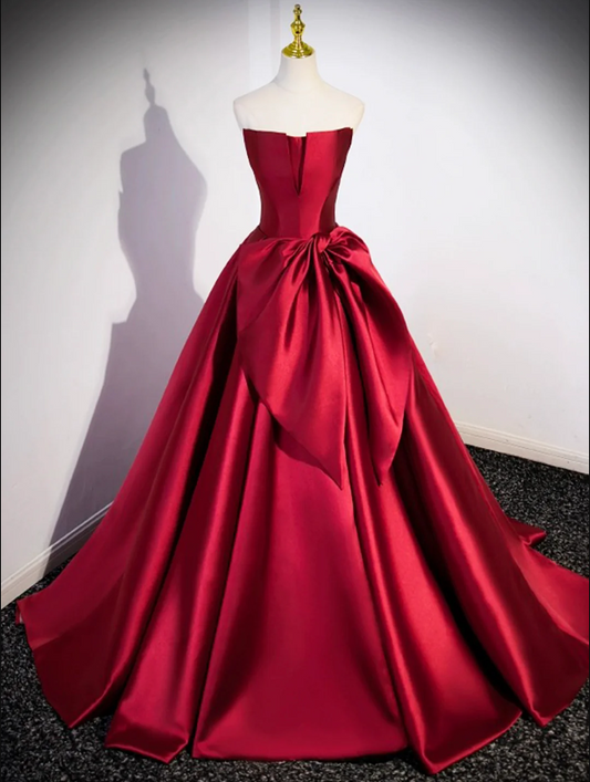 Burgundy Satin Strapless Long Prom Dress, Beautiful A-Line Evening Party Dress