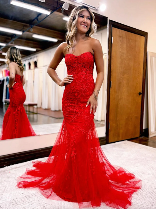 Red Tulle Lace Long Prom Dress, Mermaid Strapless Lace-up Evening Party Dress