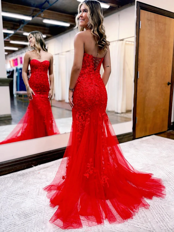 Red Tulle Lace Long Prom Dress, Mermaid Strapless Lace-up Evening Party Dress