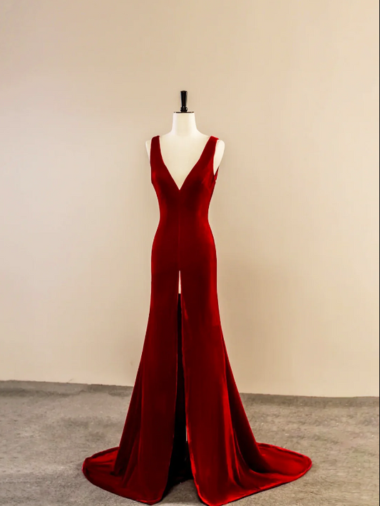 Burgundy V-Neck Velvet Long Prom Dress, Simple Mermaid Backless Evening Dress