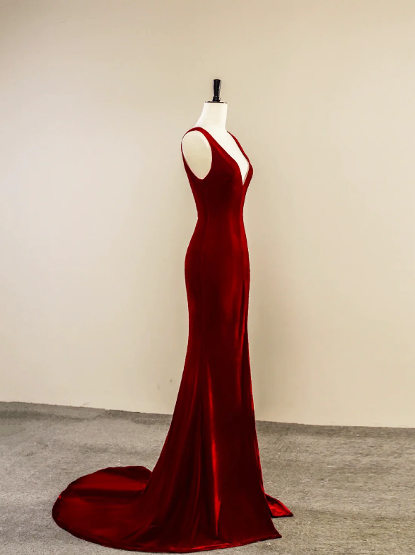 Burgundy V-Neck Velvet Long Prom Dress, Simple Mermaid Backless Evening Dress