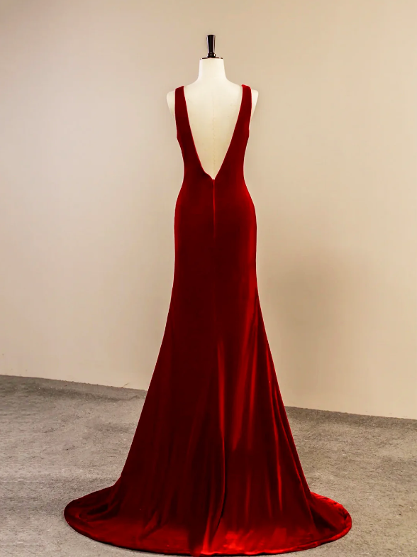 Burgundy V-Neck Velvet Long Prom Dress, Simple Mermaid Backless Evening Dress