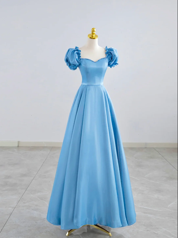 Blue Satin Beaded Floor Length Prom Dress, Blue A-Line Short Sleeve Evening Dress