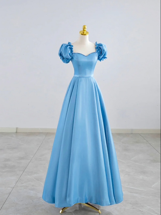 Blue Satin Beaded Floor Length Prom Dress, Blue A-Line Short Sleeve Evening Dress