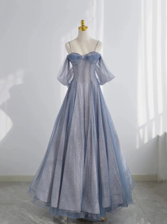 Blue Tulle Long Prom Dress, A-Line Off the Shoulder Blue Evening Party Dress