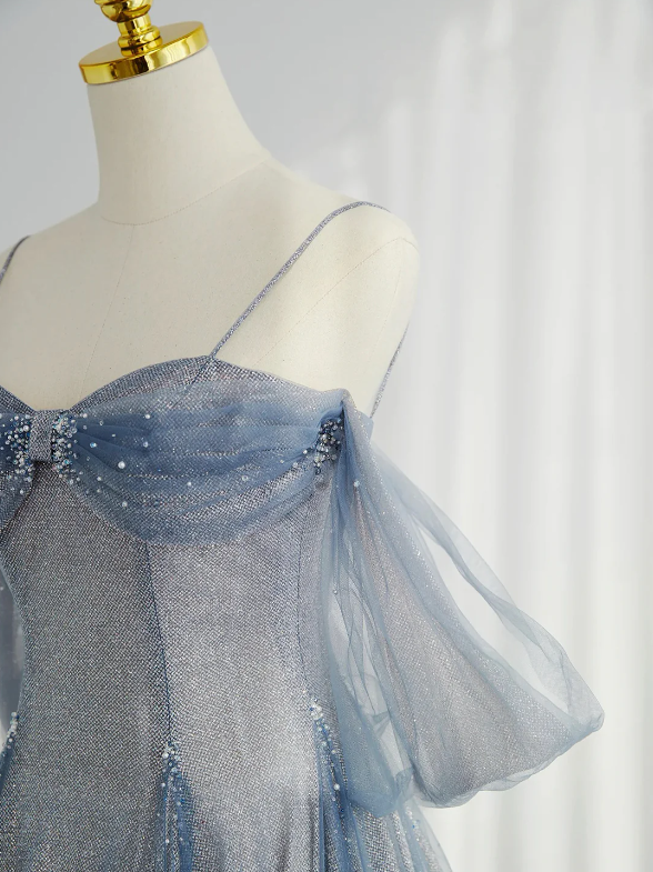 Blue Tulle Long Prom Dress, A-Line Off the Shoulder Blue Evening Party Dress