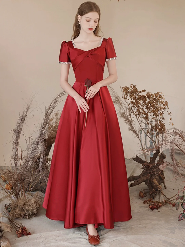 Burgundy Satin Long Prom Dress, Elegant Short Sleeve A-Line Evening Dress