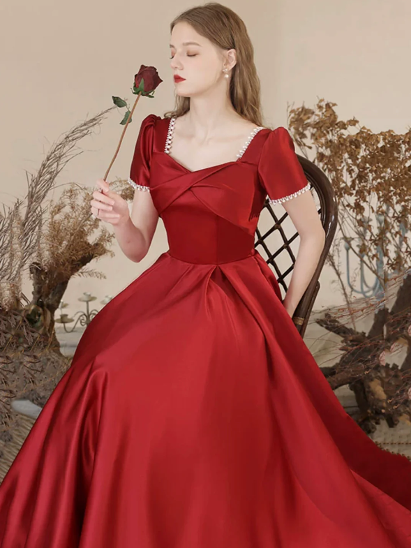 Burgundy Satin Long Prom Dress, Elegant Short Sleeve A-Line Evening Dress