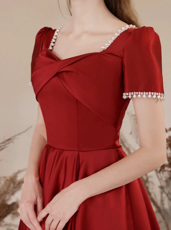 Burgundy Satin Long Prom Dress, Elegant Short Sleeve A-Line Evening Dress