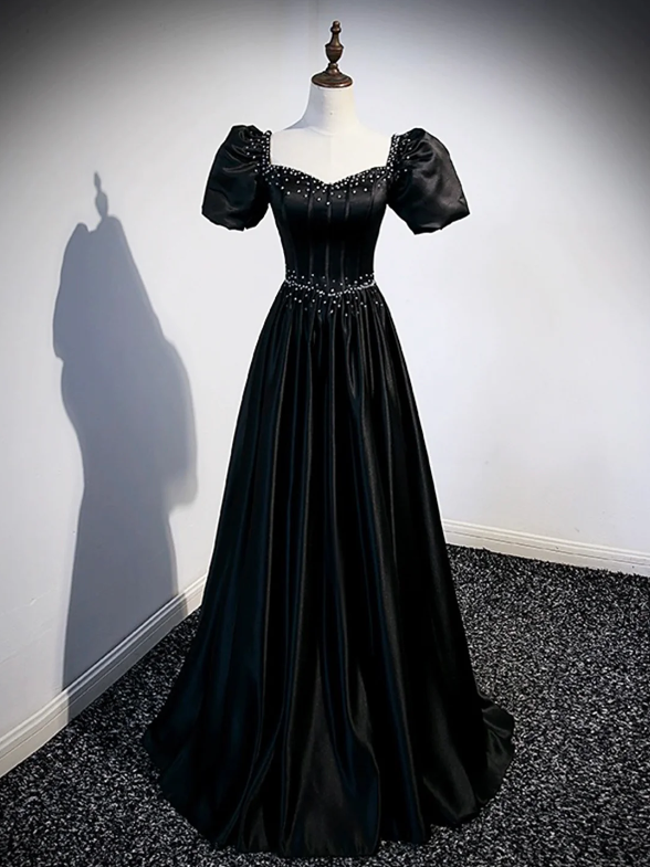 Black Satin Beaded Floor Length Prom Dress, Black A-Line Short Sleeve Evening Dress