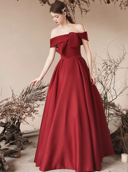 Burgundy Satin Long Prom Dress, Off the Shoulder Evening Party Dress