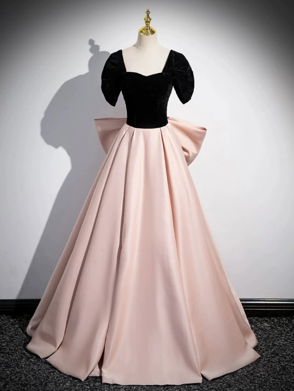 Black Satin and Pink Satin Long Prom Dress, Lovely A-Line Bow Party Evening Dress