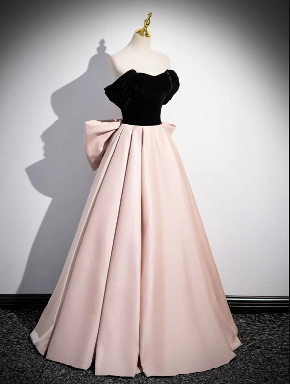 Black Satin and Pink Satin Long Prom Dress, Lovely A-Line Bow Party Evening Dress