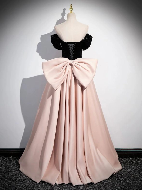 Black Satin and Pink Satin Long Prom Dress, Lovely A-Line Bow Party Evening Dress