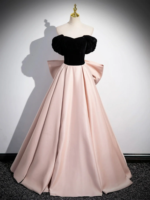 Black Satin and Pink Satin Long Prom Dress, Lovely A-Line Bow Party Evening Dress