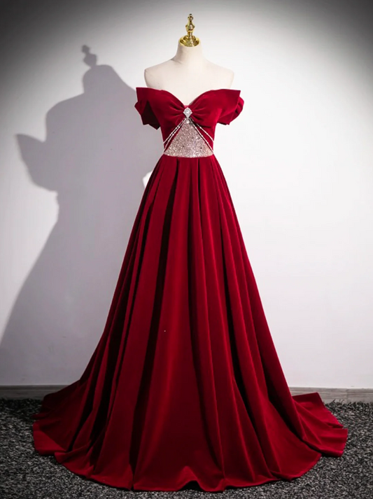 Burgundy Velvet Sequins Long Prom Dress, Elegant Off the Shoulder A-Line Formal Dress