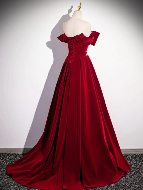 Burgundy Velvet Sequins Long Prom Dress, Elegant Off the Shoulder A-Line Formal Dress