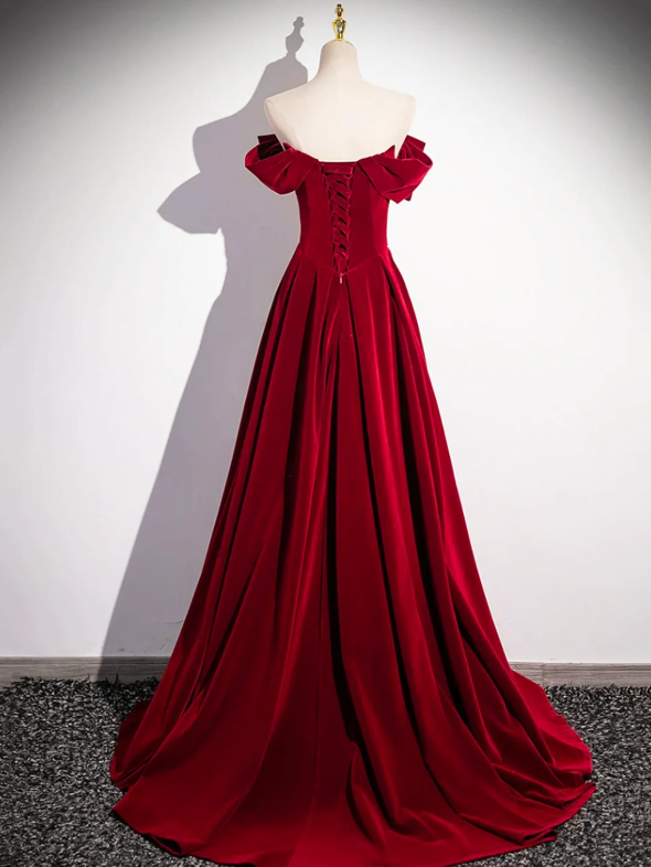 Burgundy Velvet Sequins Long Prom Dress, Elegant Off the Shoulder A-Line Formal Dress