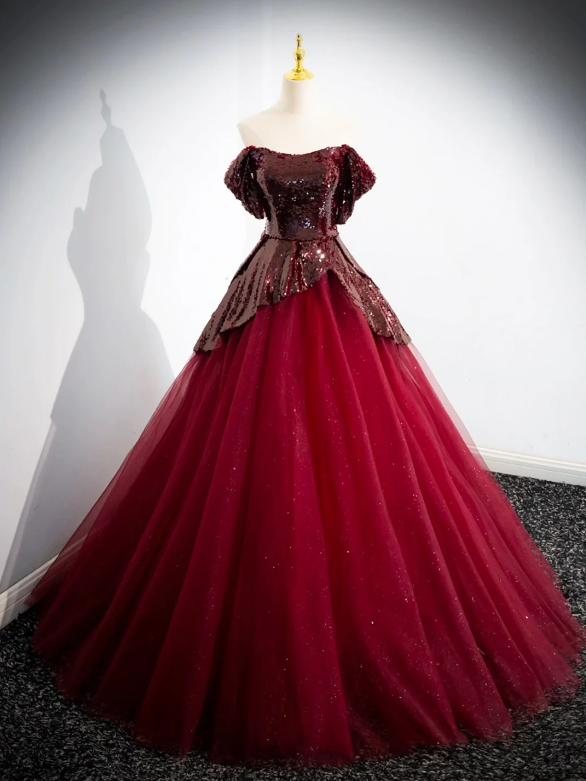 Burgundy Tulle Sequins Floor Length Prom Dress, Off the Shoulder Formal Evening Dress