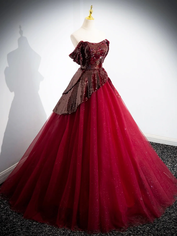 Burgundy Tulle Sequins Floor Length Prom Dress, Off the Shoulder Formal Evening Dress