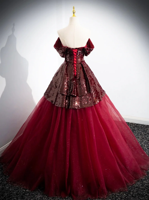 Burgundy Tulle Sequins Floor Length Prom Dress, Off the Shoulder Formal Evening Dress