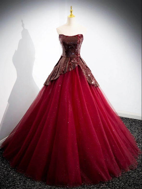 Burgundy Tulle Sequins Floor Length Prom Dress, Off the Shoulder Formal Evening Dress