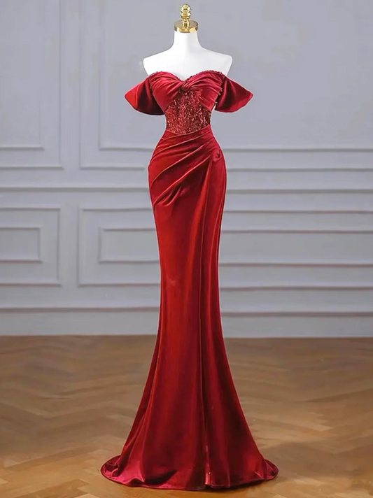 Burgundy Velvet Sequins Long Prom Dress, Mermaid Off the Shoulder Party Dress with Slit