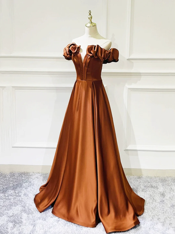 Simple Satin Long Prom Dress, Off the Shoulder V-Neck Evening Dress