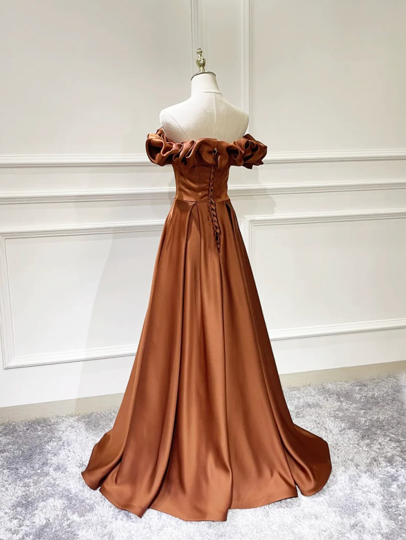 Simple Satin Long Prom Dress, Off the Shoulder V-Neck Evening Dress