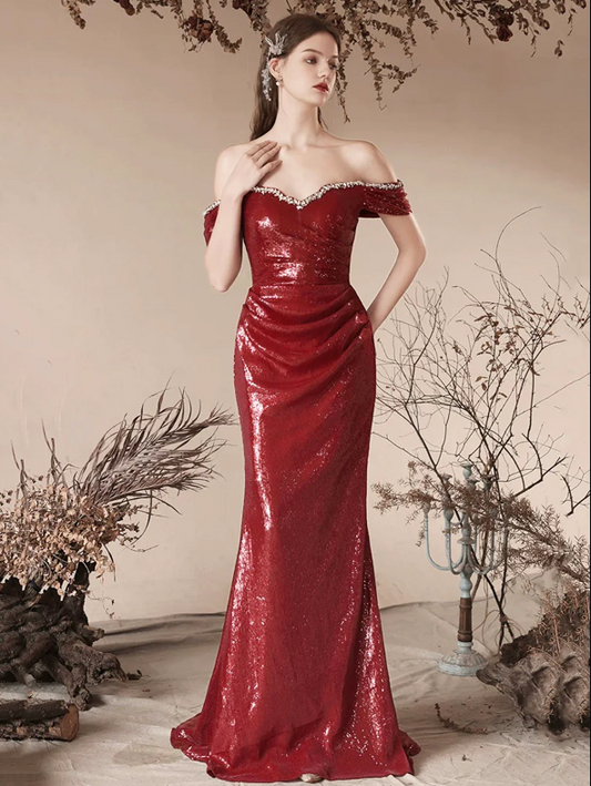 Burgundy Sequins Long Prom Dress, Mermaid Off the Shoulder Evening Party Dress