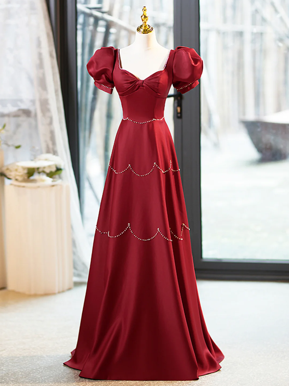 Elegant Burgundy Satin Long Prom Dress with Beaded, Burgundy Short Sleeve Evening Dress