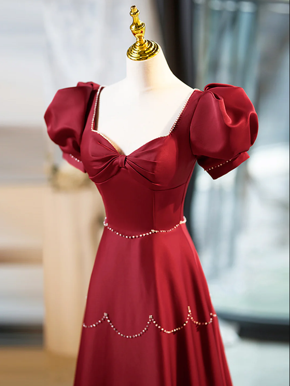 Elegant Burgundy Satin Long Prom Dress with Beaded, Burgundy Short Sleeve Evening Dress