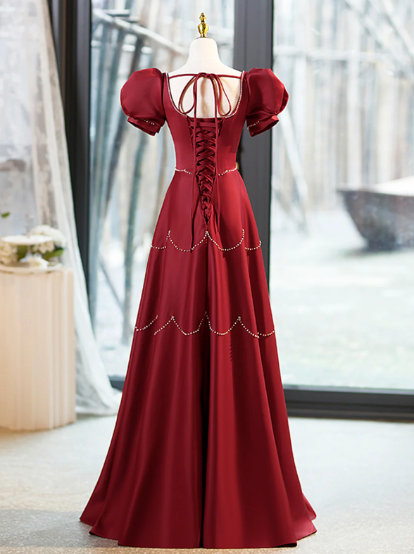 Elegant Burgundy Satin Long Prom Dress with Beaded, Burgundy Short Sleeve Evening Dress