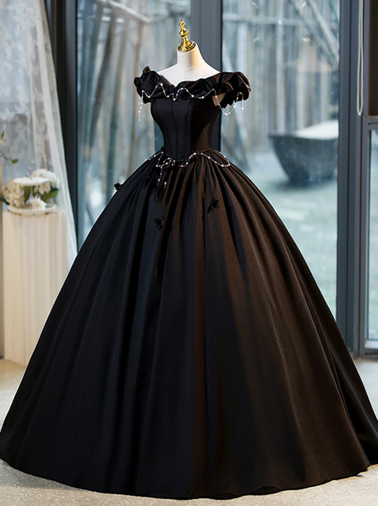 Black A-Line Floor Length Prom Dress with Pearl, Off the Shoulder Evening Party Dress