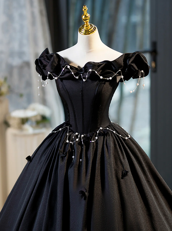 Black A-Line Floor Length Prom Dress with Pearl, Off the Shoulder Evening Party Dress