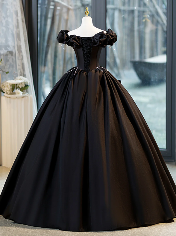 Black A-Line Floor Length Prom Dress with Pearl, Off the Shoulder Evening Party Dress