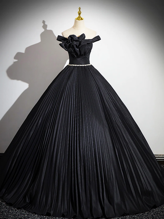 Black Pleated Long A-line Party Gown with Rhinestone Sash, Elegant Off the Shoulder Formal Evening Dress