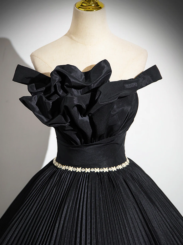 Black Pleated Long A-line Party Gown with Rhinestone Sash, Elegant Off the Shoulder Formal Evening Dress