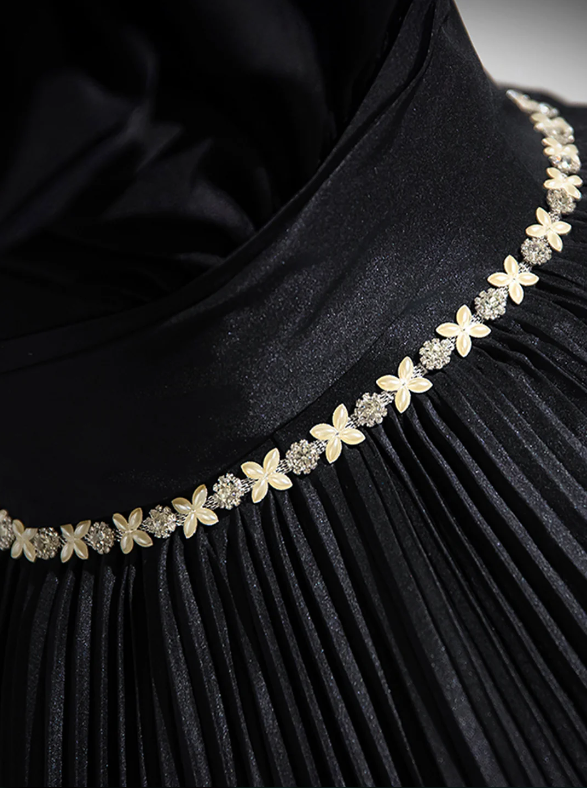 Black Pleated Long A-line Party Gown with Rhinestone Sash, Elegant Off the Shoulder Formal Evening Dress