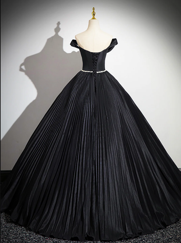 Black Pleated Long A-line Party Gown with Rhinestone Sash, Elegant Off the Shoulder Formal Evening Dress