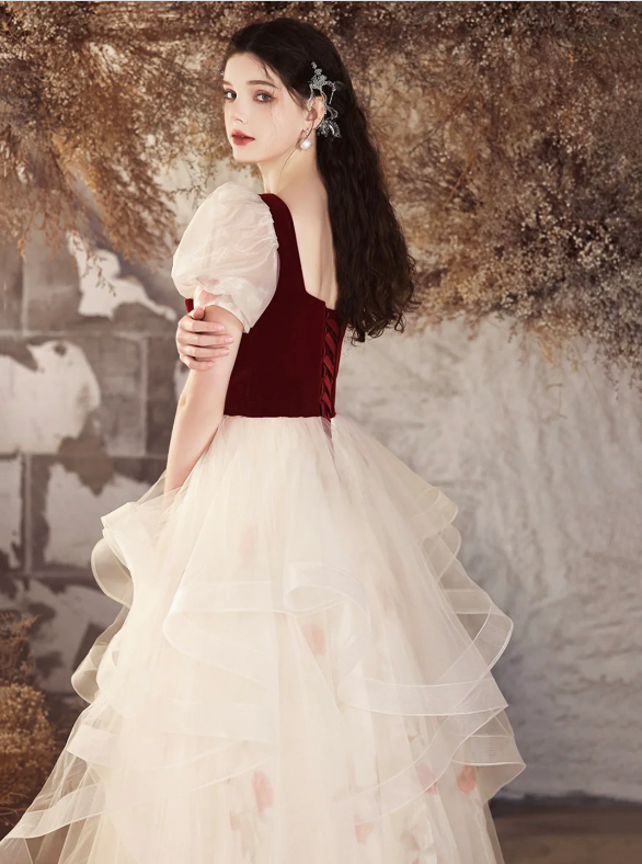 Burgundy Velvet and Champagne Tulle Long Prom Dress, Lovely A-Line Short Sleeve Evening Party Dress