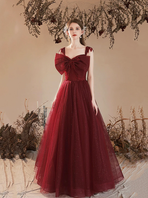 Burgundy Tulle Long Prom Dress, Lovely A-Line Evening Party Dress with Bow