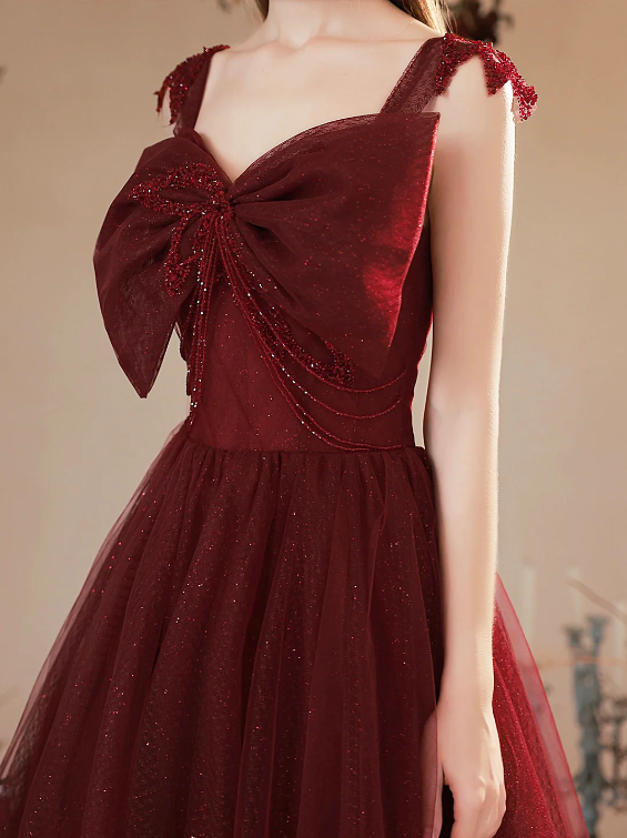 Burgundy Tulle Long Prom Dress, Lovely A-Line Evening Party Dress with Bow