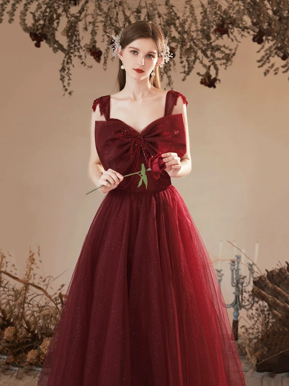 Burgundy Tulle Long Prom Dress, Lovely A-Line Evening Party Dress with Bow