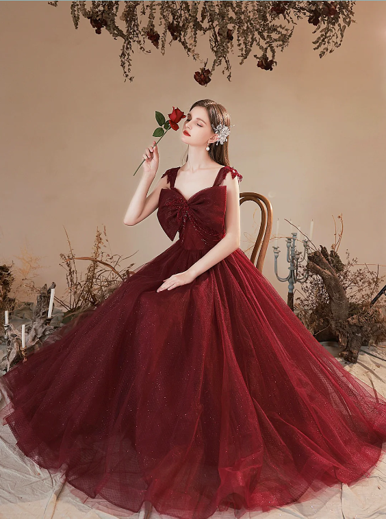 Burgundy Tulle Long Prom Dress, Lovely A-Line Evening Party Dress with Bow